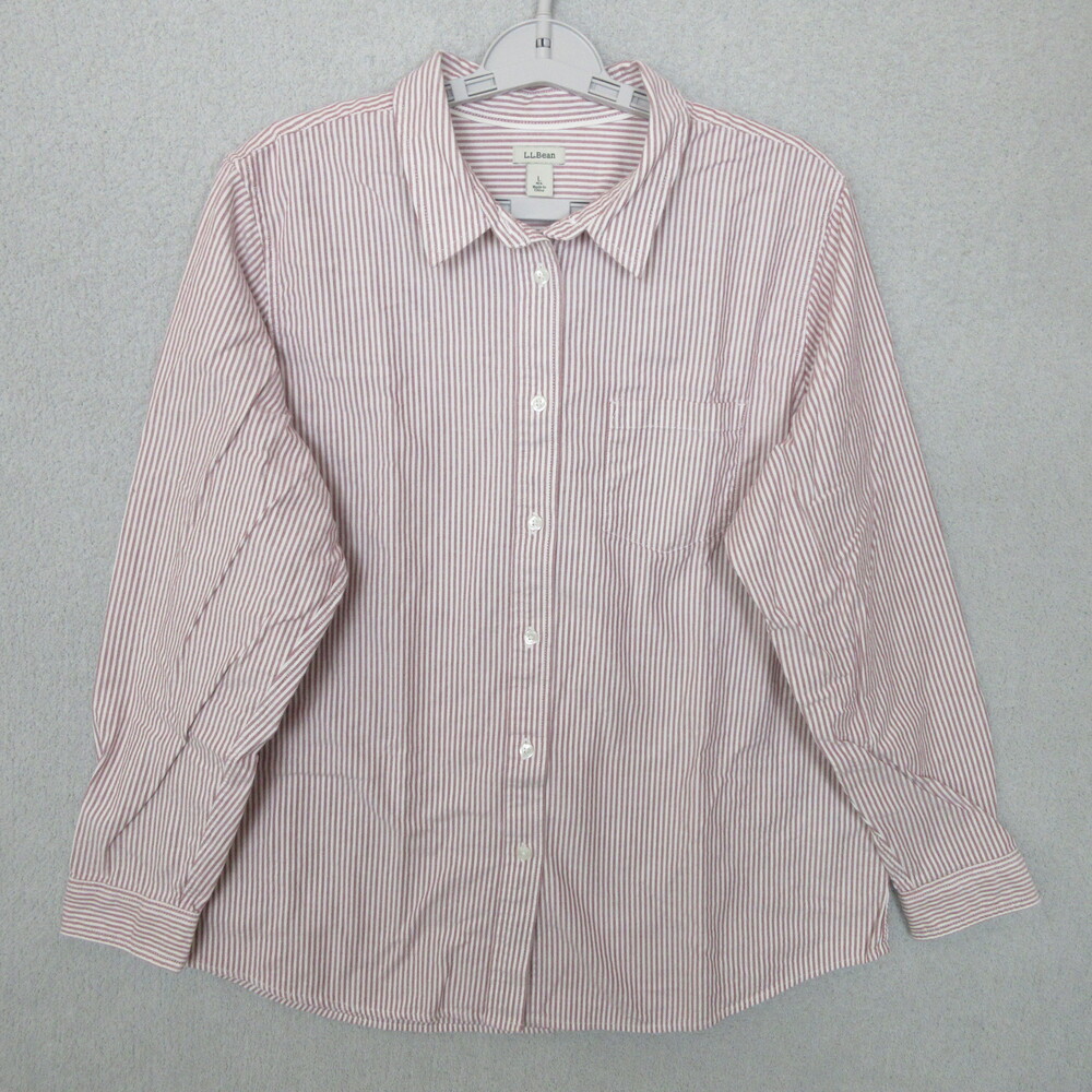 L.L.Bean Dress Shirt Mens Large White Reddish-Brown Stripes Long Sleeve‎ Classic